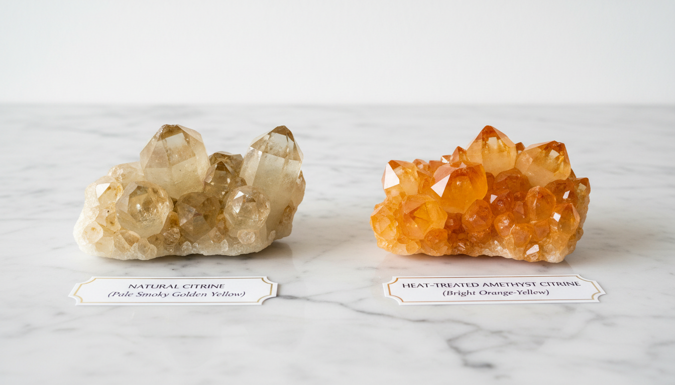Comparison showing pale smoky natural citrine next to bright orange heat-treated amethyst citrine