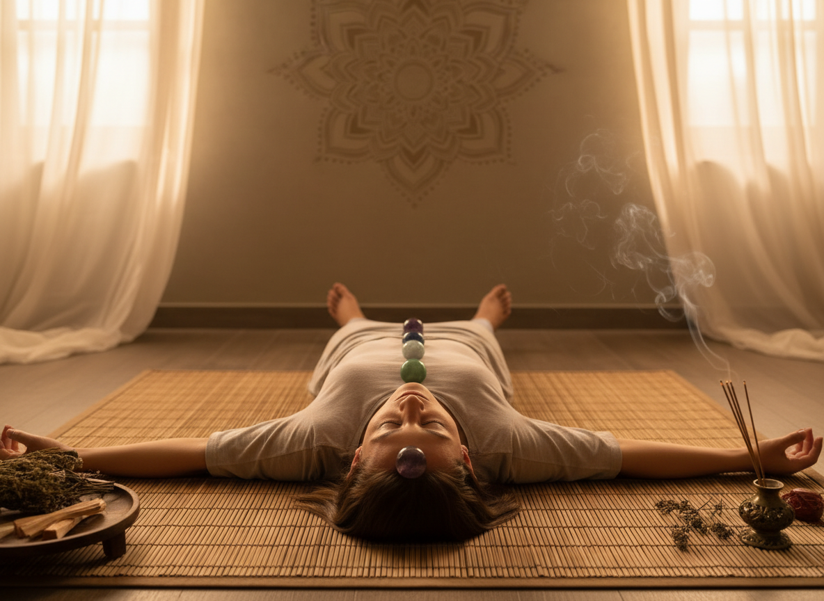 Person lying down with chakra crystals placed along body during meditation