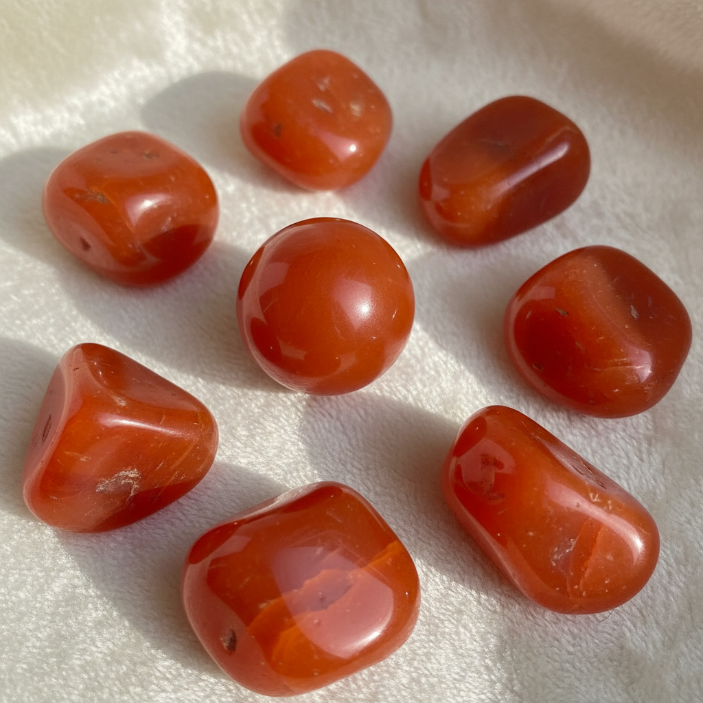 Orange carnelian tumbled stones and sphere for fertility - vibrant sacral chakra crystal that stimulates reproductive vitality and life force energy