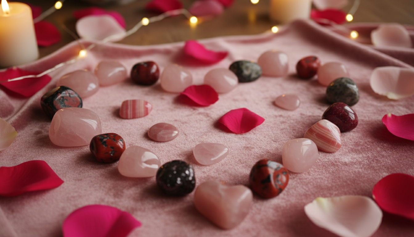 Beautiful collection of pink and red love crystals with rose petals
