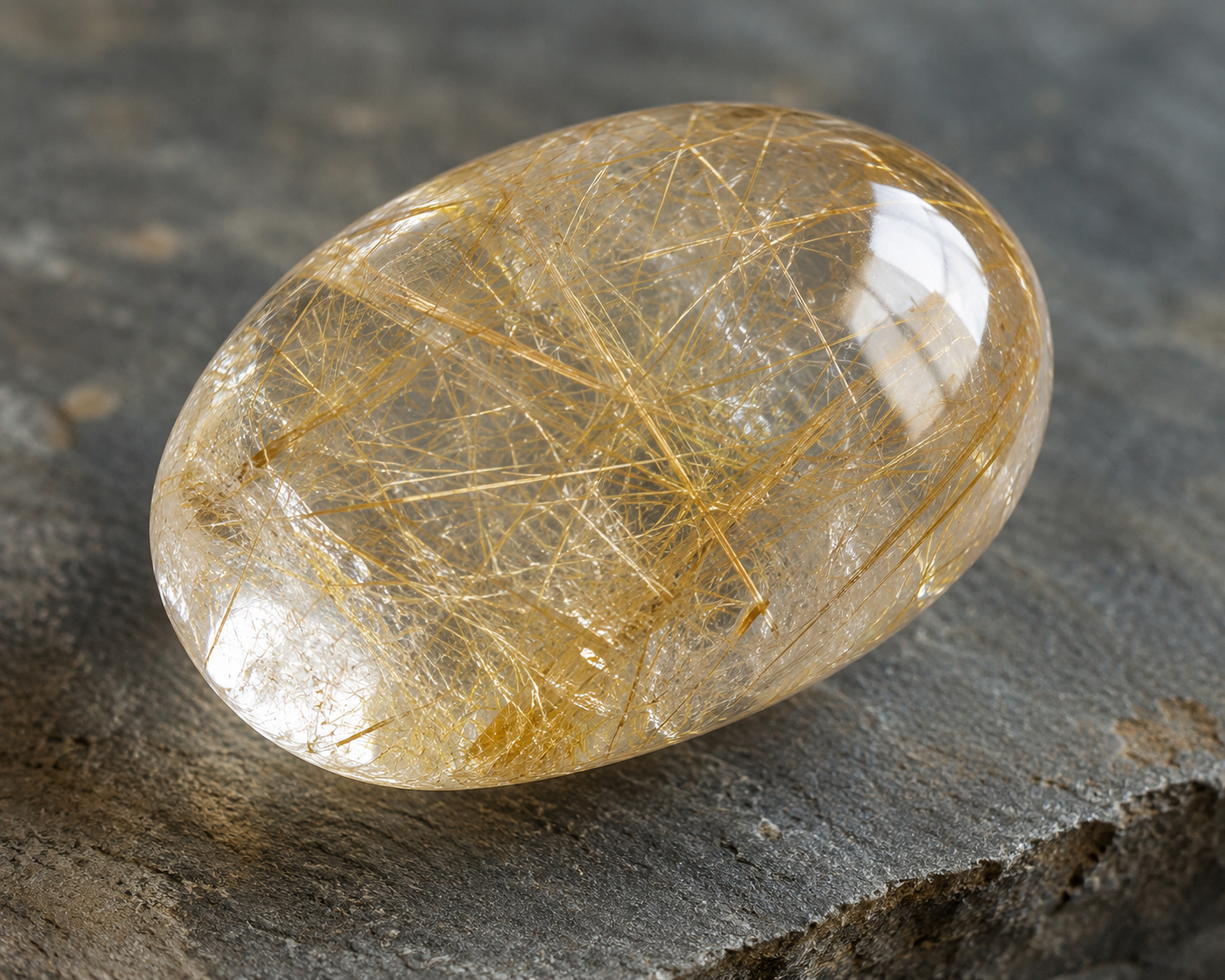 Polished rutilated quartz palm stone with golden titanium needle inclusions known as Angel Hair Quartz showing intricate criss-crossing golden threads throughout clear quartz