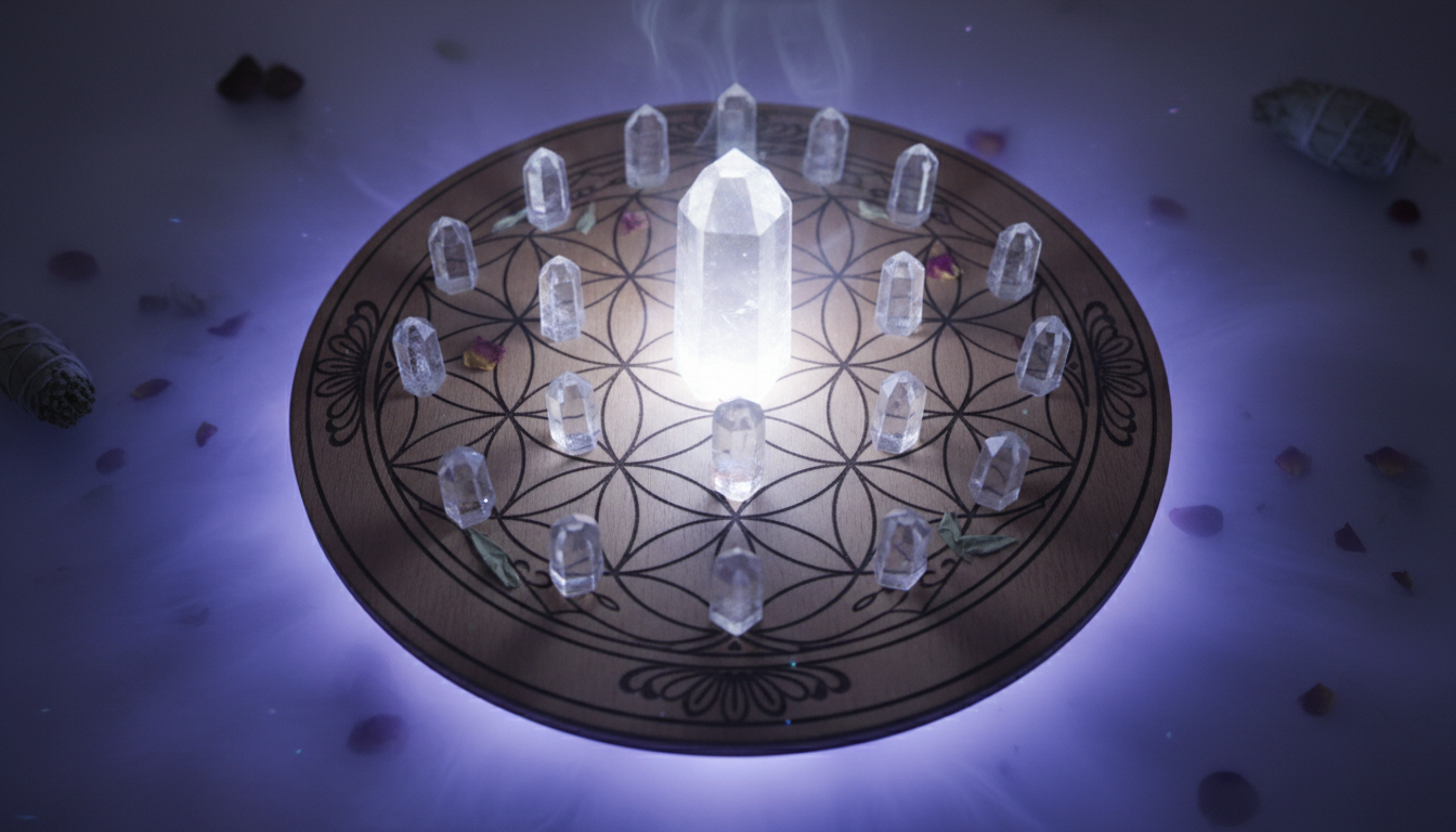 Complete crystal grid with sacred geometry flower of life pattern