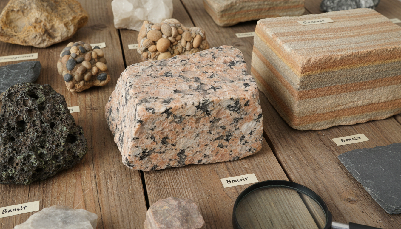Collection of different rock types including granite, sandstone, and basalt showing mixed mineral composition