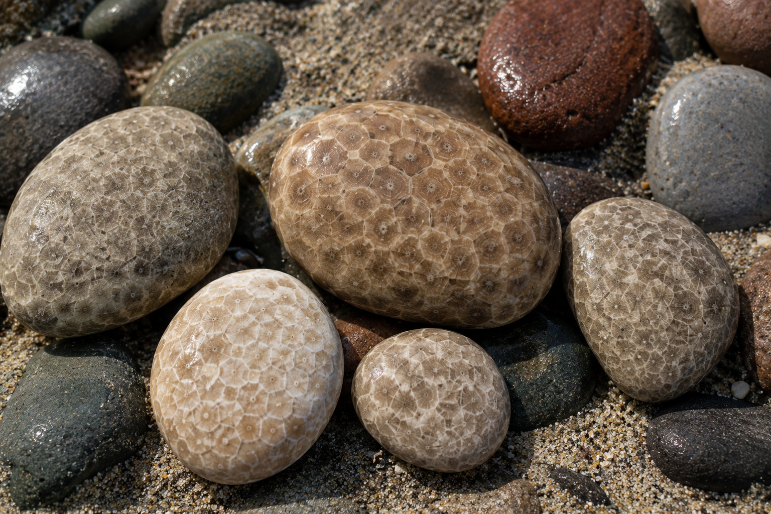 Petoskey stones on a Michigan beach shoreline