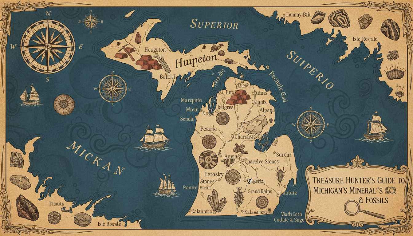 Illustrated map of Michigan showing crystal and fossil hunting locations