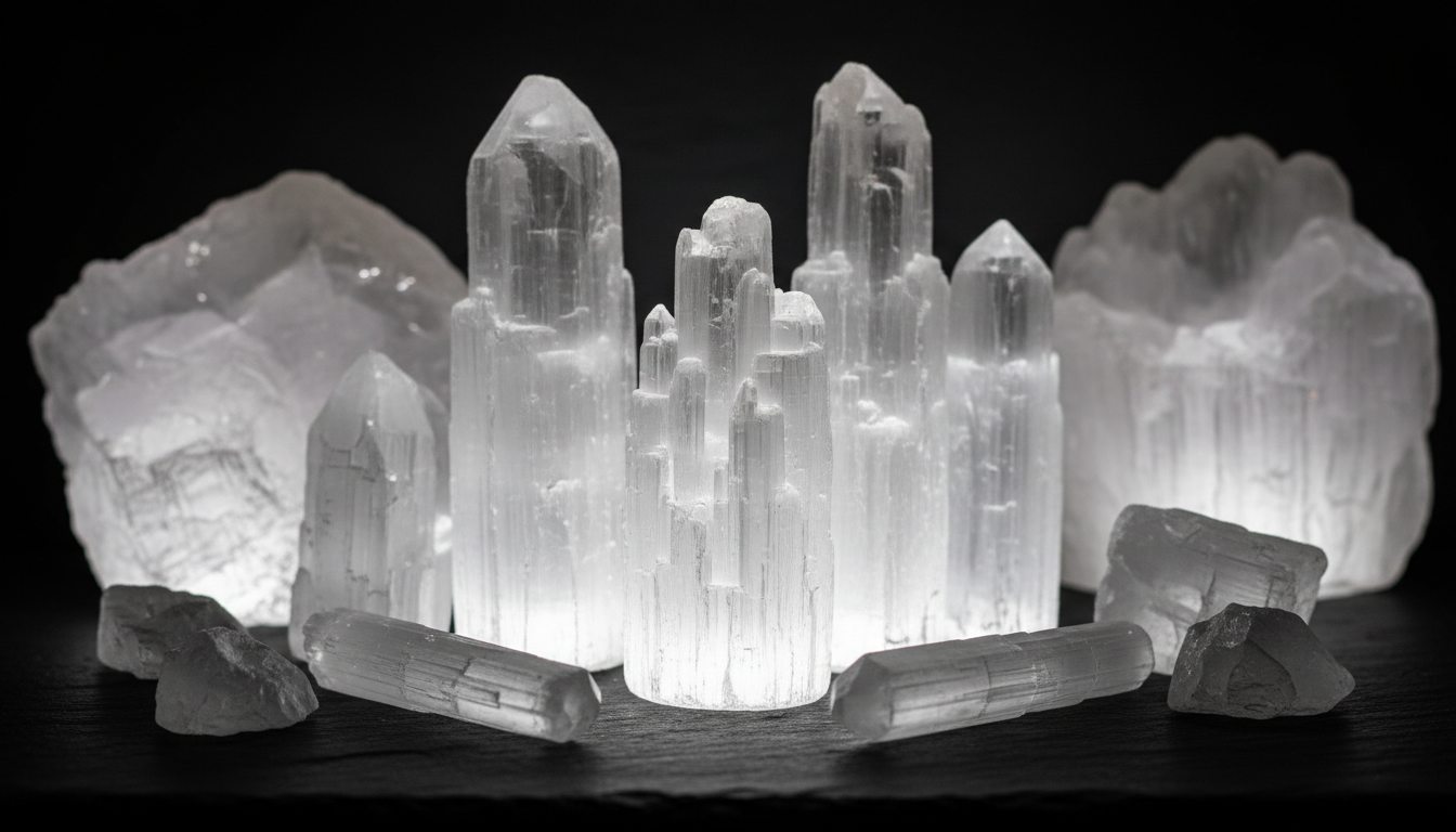 Collection of selenite crystals including towers, wands, and raw specimens with ethereal white glow for energy cleansing and charging