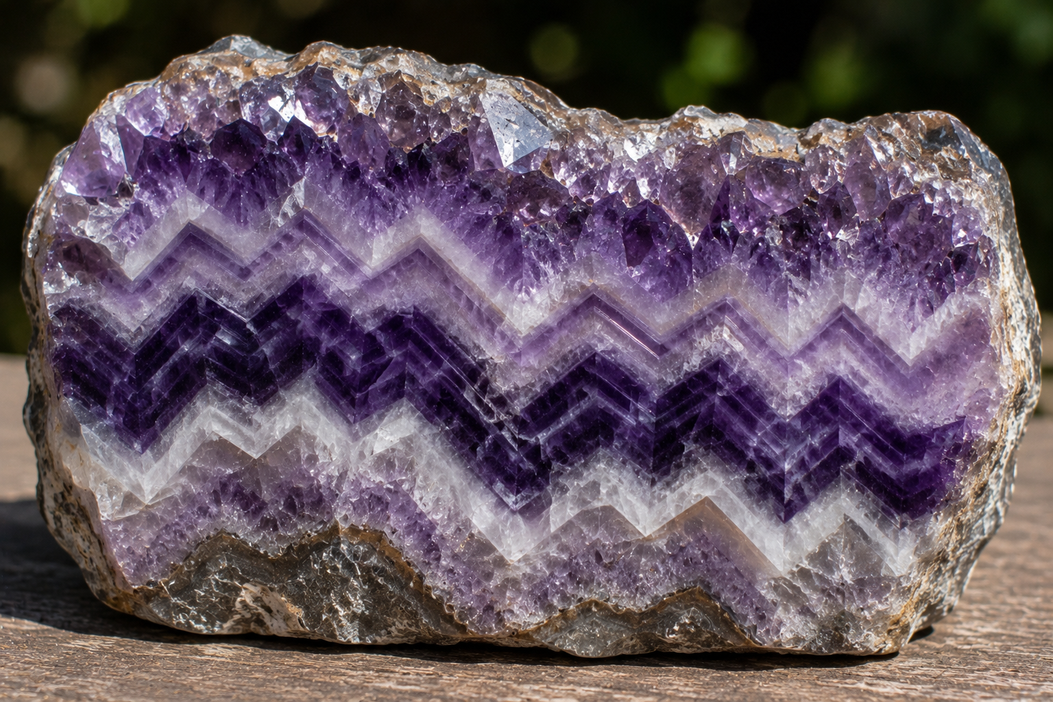 Polished chevron amethyst stone displaying V-shaped purple and white quartz banding pattern - Dragon Traditions crystal shop