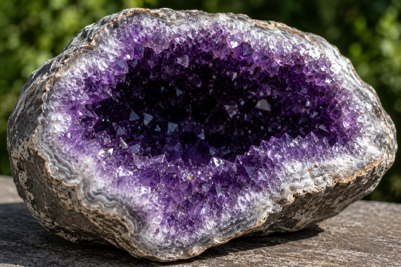 Large amethyst cathedral geode interior showing sparkling deep purple crystal points lining the cave-like formation - Dragon Traditions