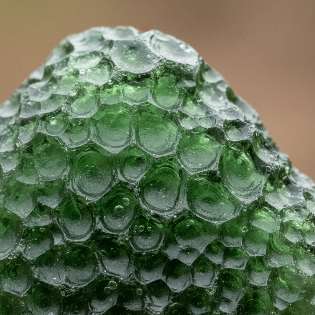 Close-up of natural moldavite tektite showing distinctive bubbly sculptured surface texture - genuine Czech extraterrestrial glass