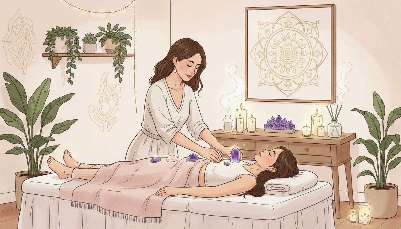 Modern crystal healing therapy session with chakra placement