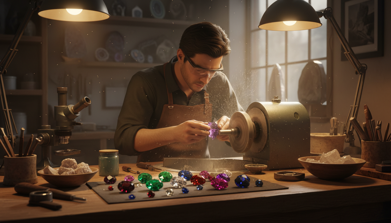 Crystal cutting and polishing workshop with artisan using lapidary wheel