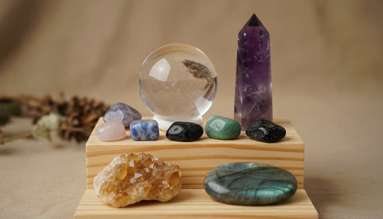 Different crystal shapes including spheres, towers, tumbled stones, raw clusters, and palm stones