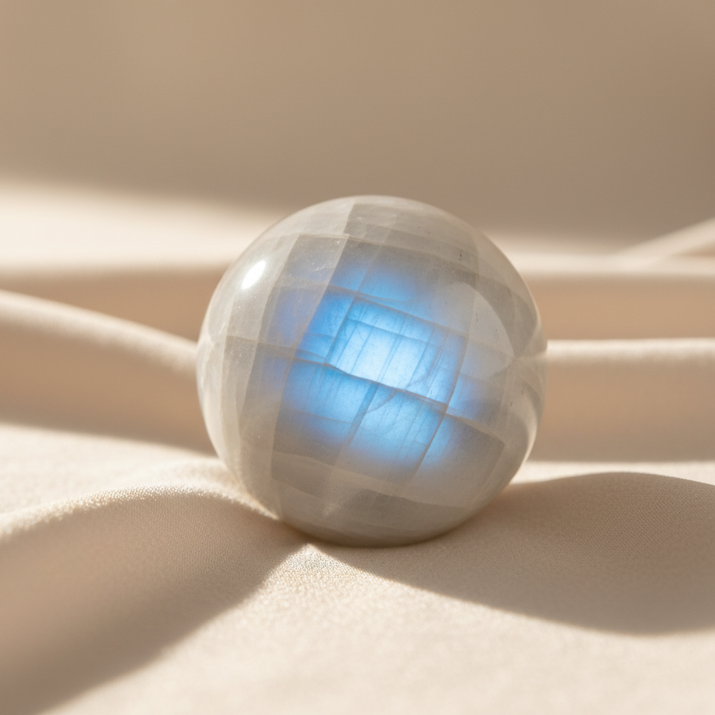 Rainbow moonstone crystal sphere with blue adularescence flash - sacred feminine fertility stone for hormone balance and lunar cycle connection