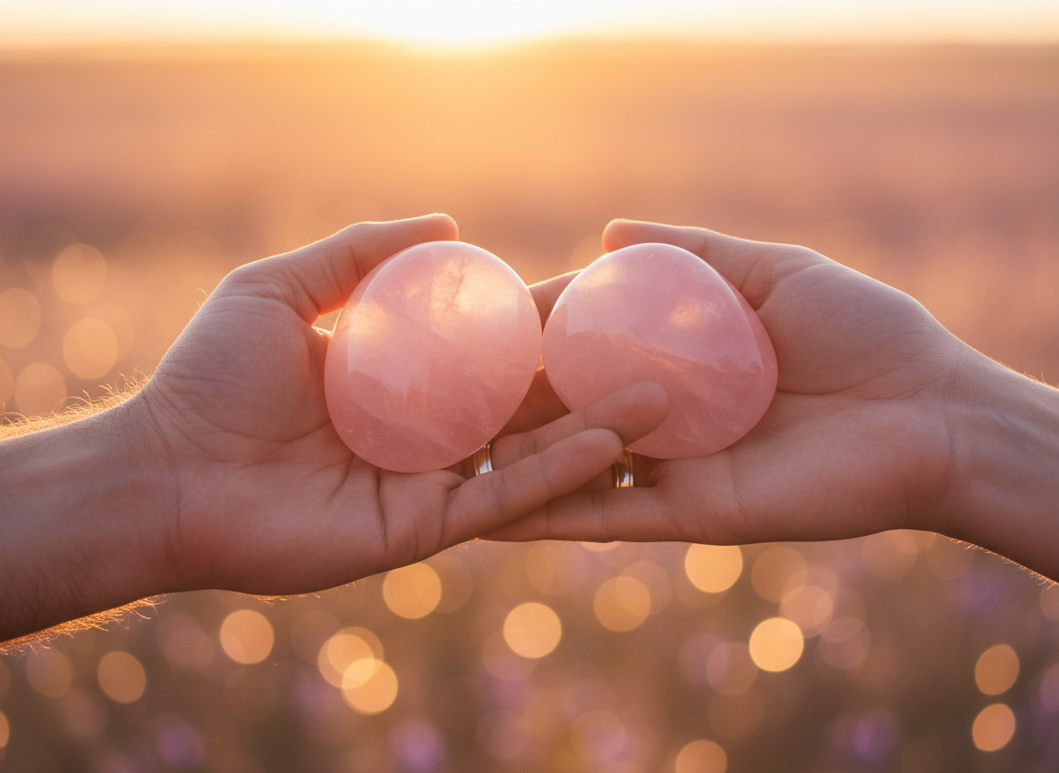 Two hands holding matching rose quartz crystals together