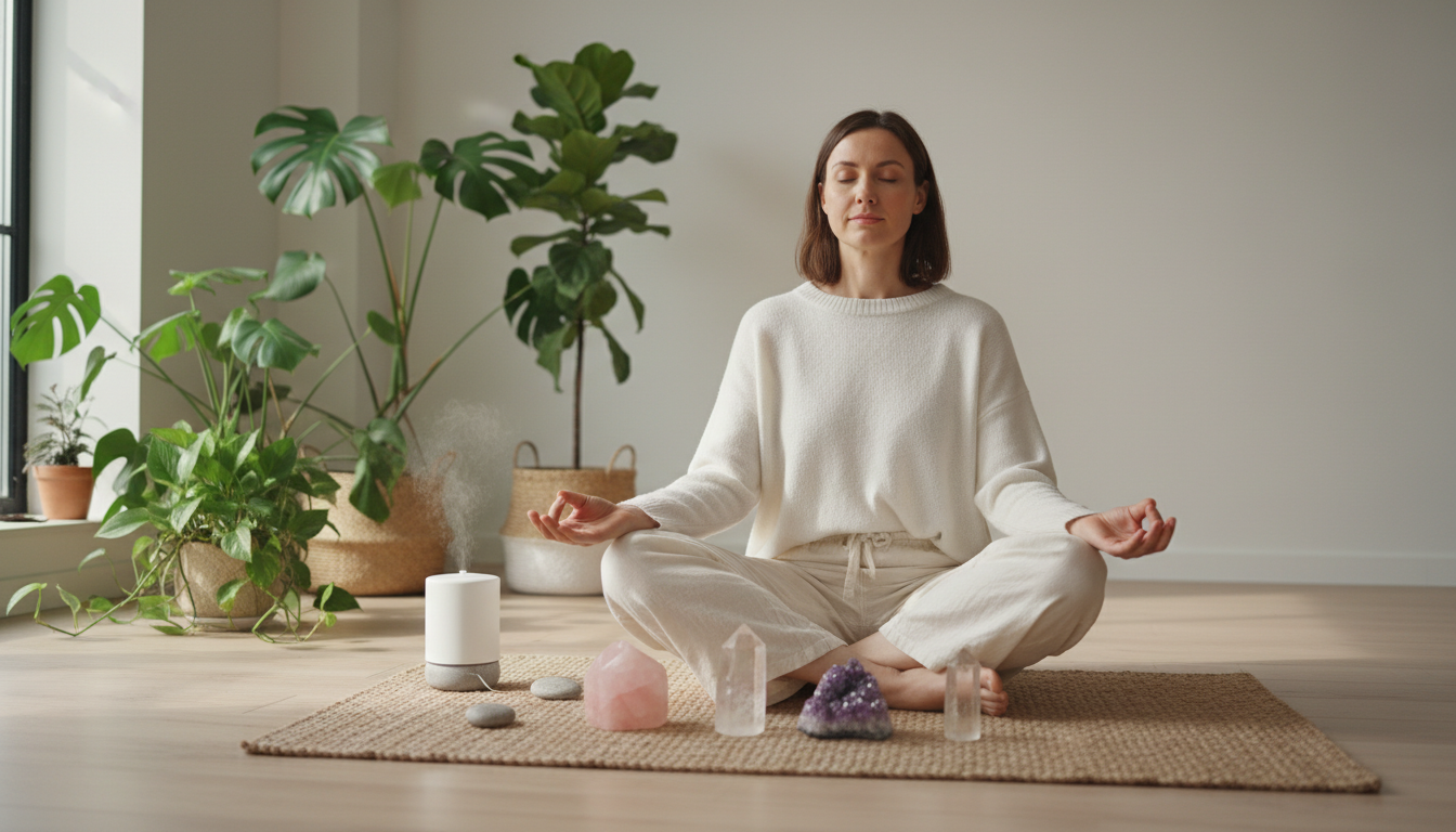 Modern crystal meditation practice with rose quartz and clear quartz