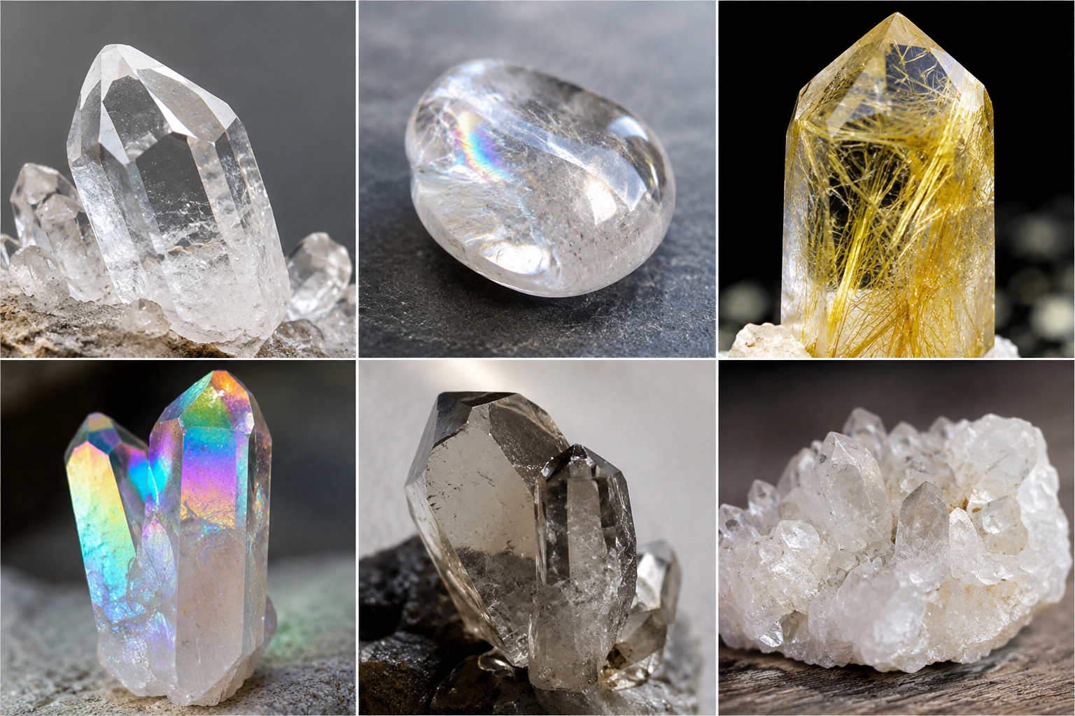 Six varieties of clear quartz crystals including raw point with rainbow inclusion polished tumbled stone golden rutilated quartz tower iridescent aura quartz cluster smoky quartz point and white quartz cluster formation