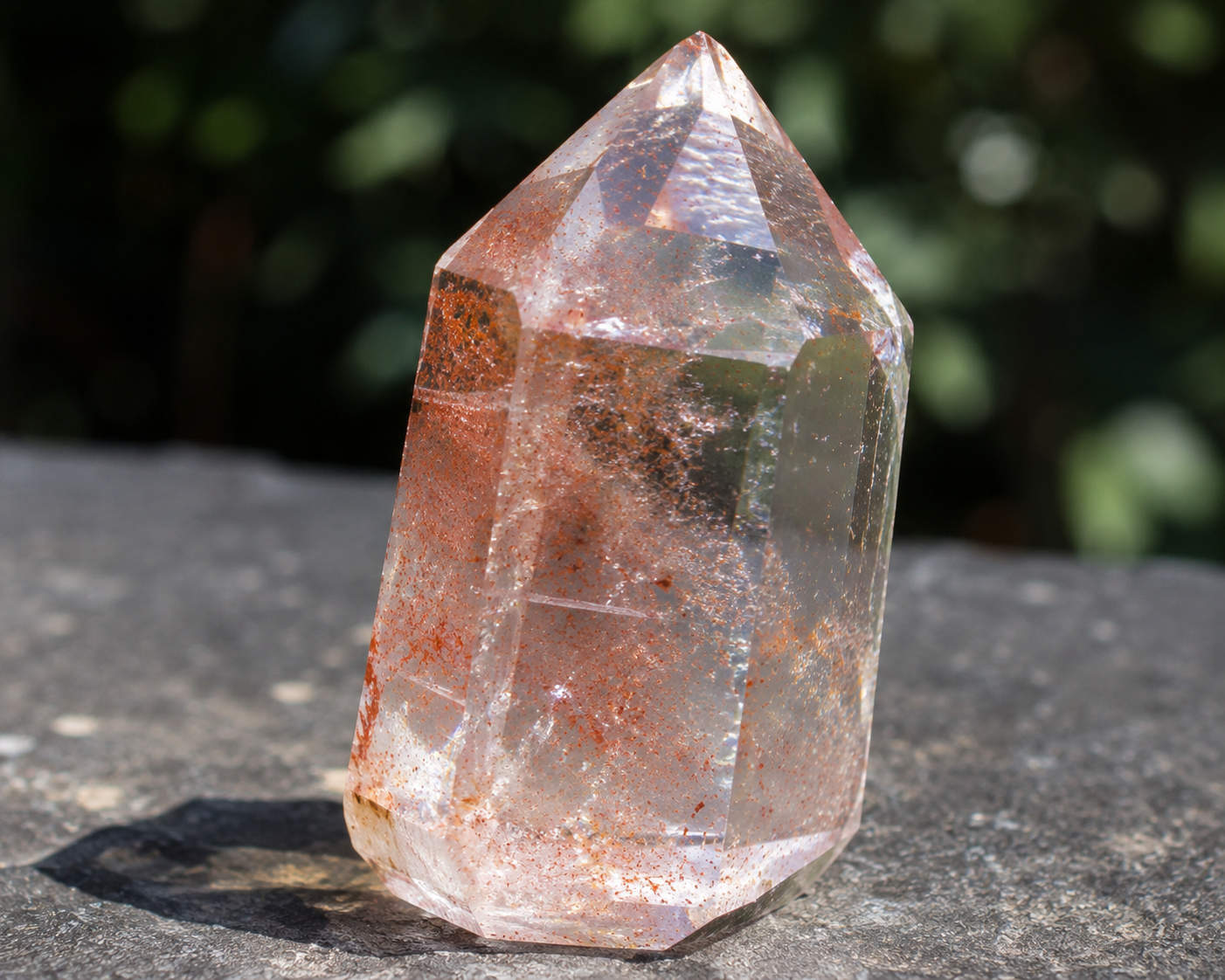 Fire Quartz polished point also called Hematoid Quartz showing red orange hematite inclusions scattered throughout clear quartz crystal tower