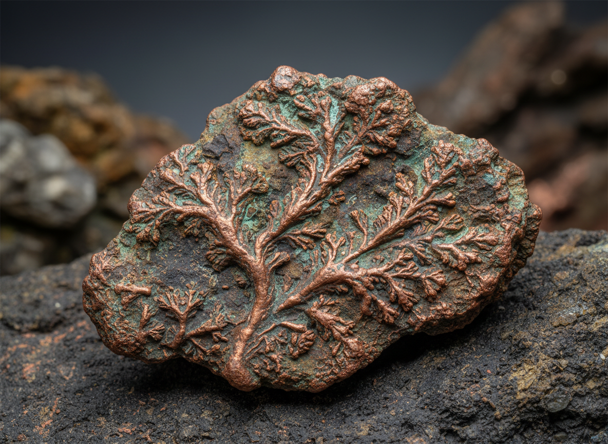 Native copper mineral specimen with metallic luster and dendritic crystal formations