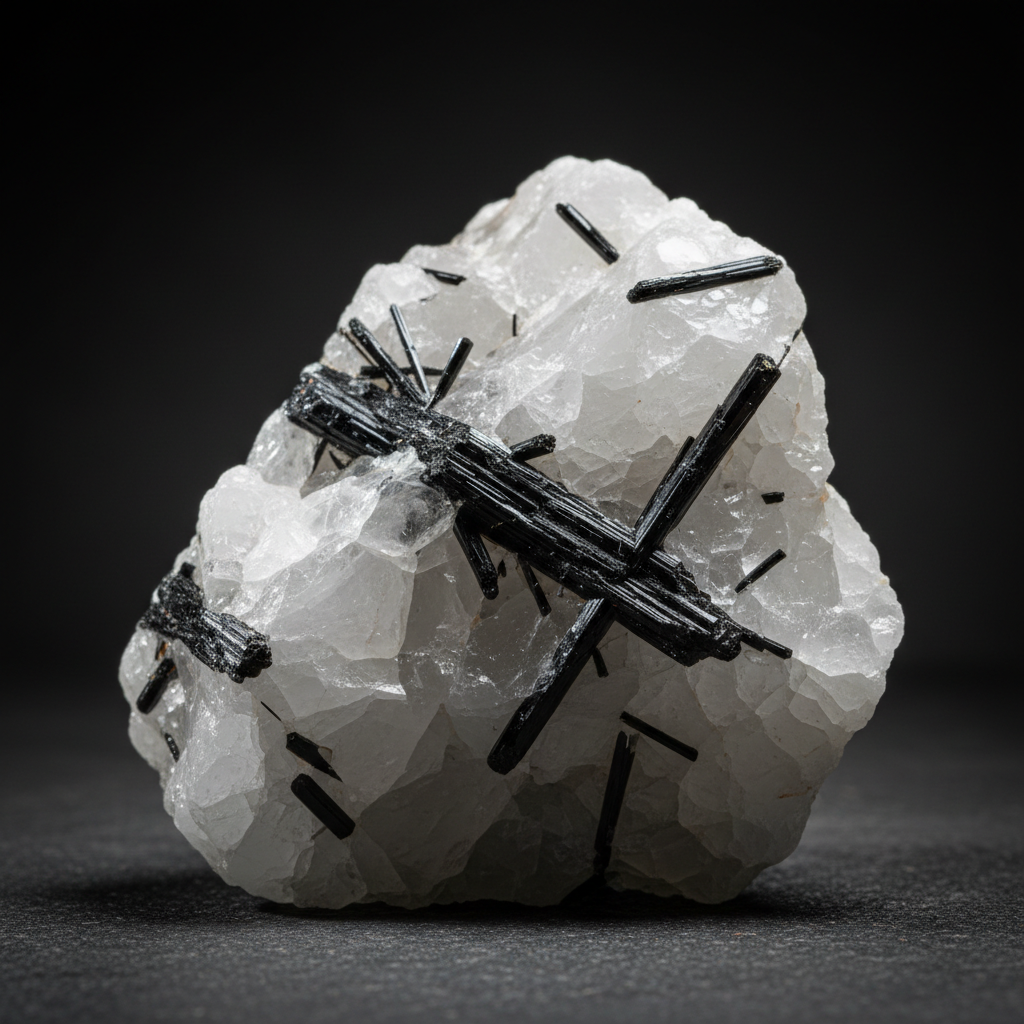 Black tourmaline needles embedded in clear quartz crystal showing tourmalinated quartz from Dragon Traditions