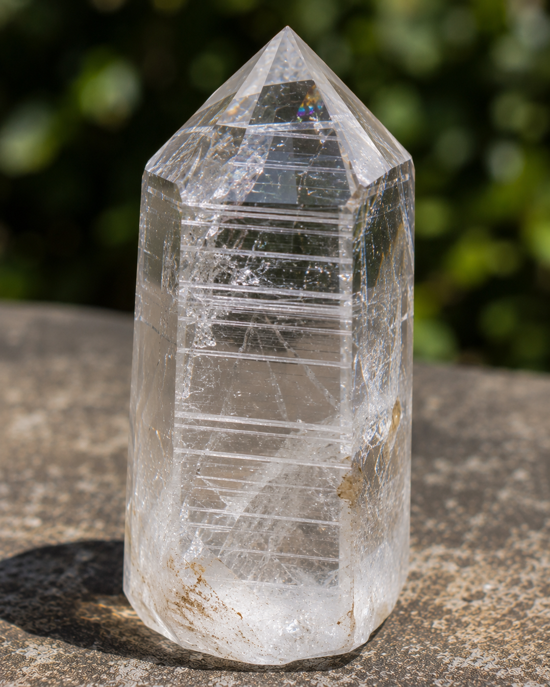 Lemurian Seed Crystal quartz point with distinctive horizontal bar code striations and rainbow inclusions containing ancient Lemurian wisdom