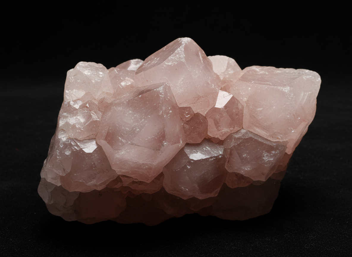 Raw natural rose quartz crystal cluster from Madagascar with soft translucent pink color and milky appearance for heart chakra healing