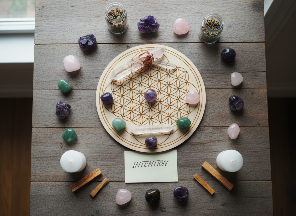 Crystal grid supplies including sacred geometry board and various crystals