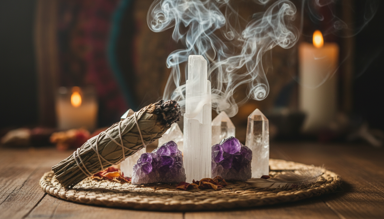 Sage smudging ceremony with healing crystals