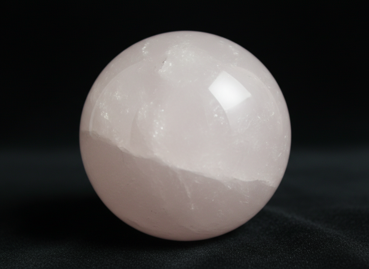 Girasol Rose Quartz sphere with milky translucent appearance and soft opalescent inner glow also called Moon Quartz or Foggy Quartz