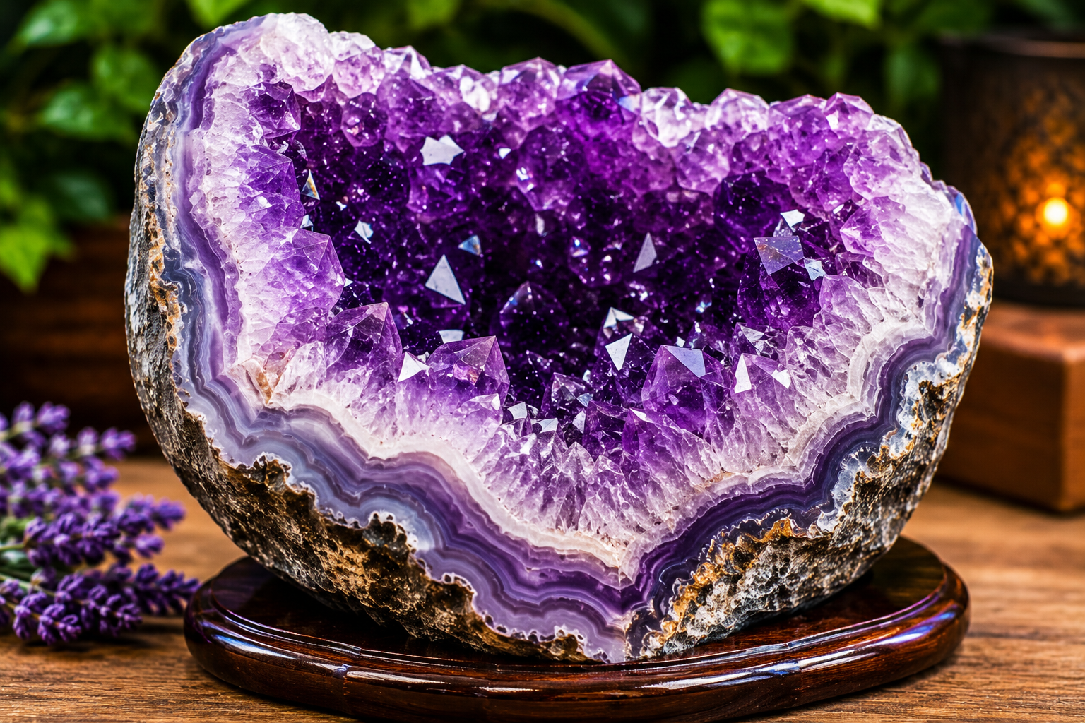 Natural heart-shaped amethyst geode with deep purple druzy crystals displayed on wooden stand with dried lavender - Dragon Traditions