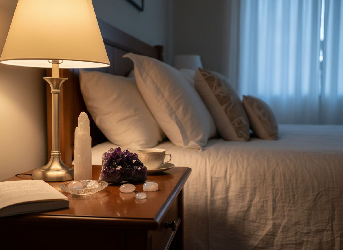 Calming sleep crystals arranged on nightstand next to bed