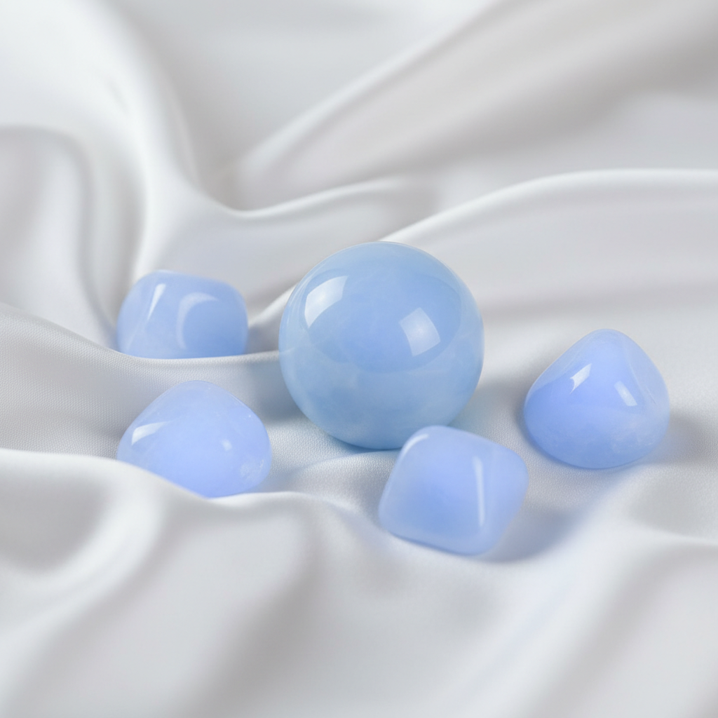 Blue angelite crystal sphere and tumbled stones for spiritual connection - helps communicate with departed loved ones and brings peace during grief