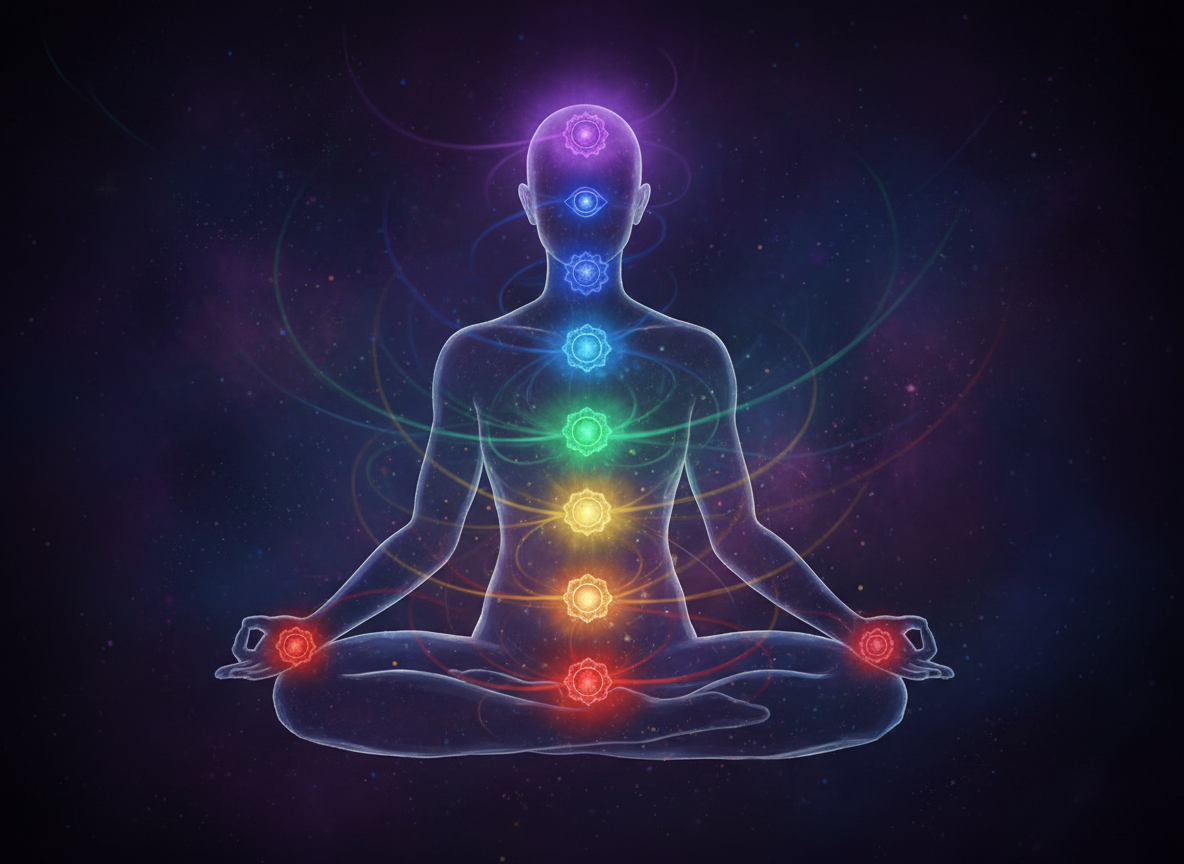 Diagram of 7 chakras along the human body with corresponding colors