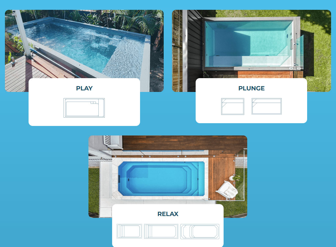 The Little Pool Co Collection Size Guide - Play Plunge and Relax Series Above Ground Fiberglass Pools with Dimensions