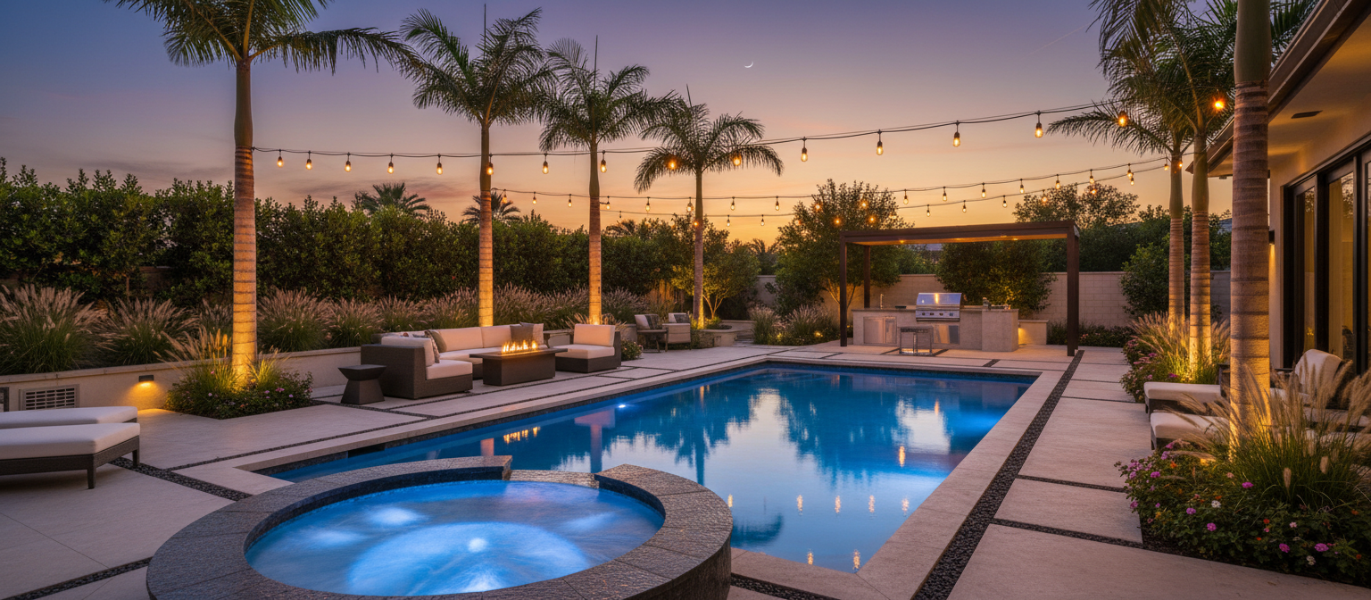 Luxurious backyard with pool and hot tub
