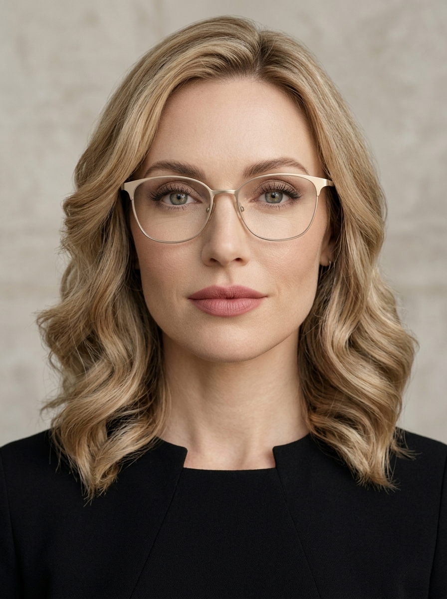 Edith Parker in modern optical eyewear, a close studio portrait.