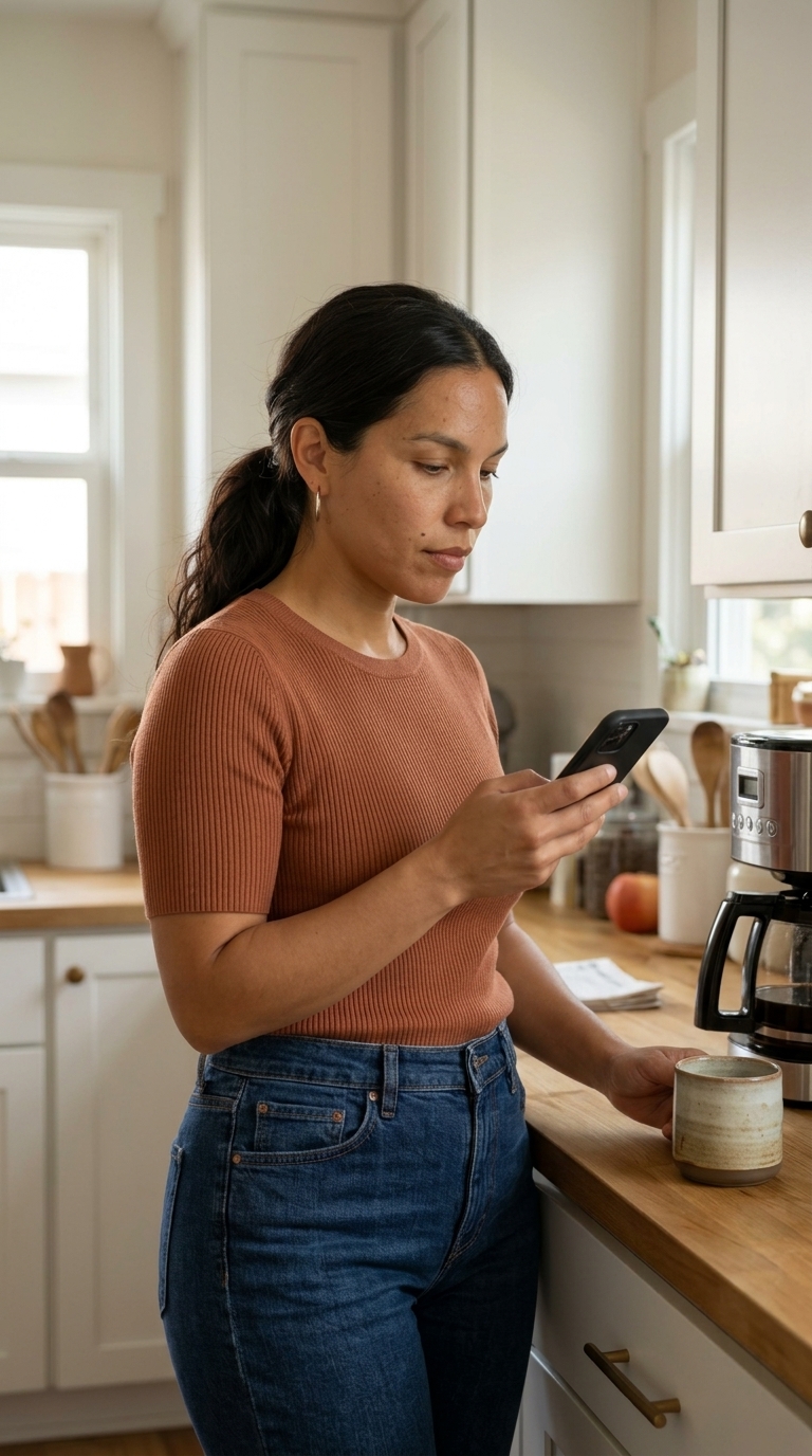 Camila Reyes checking her phone in a sunlit kitchen.