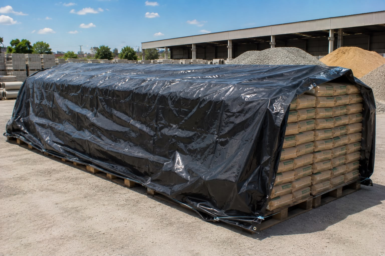 Protección de materia prima embolsada al exterior en planta industrial con PlastiMAX