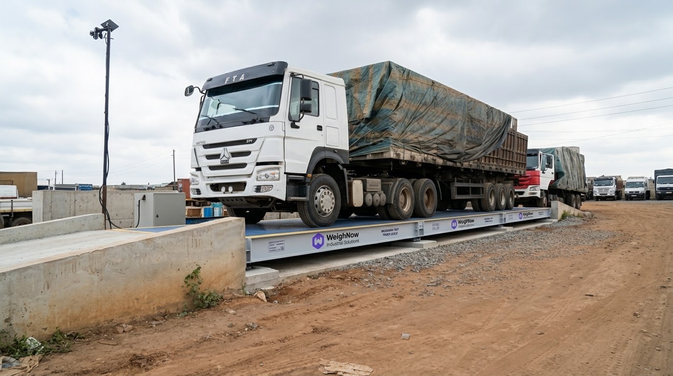 Heavy truck on a Weighnow-fabricated outdoor weighbridge platform, Nigeria