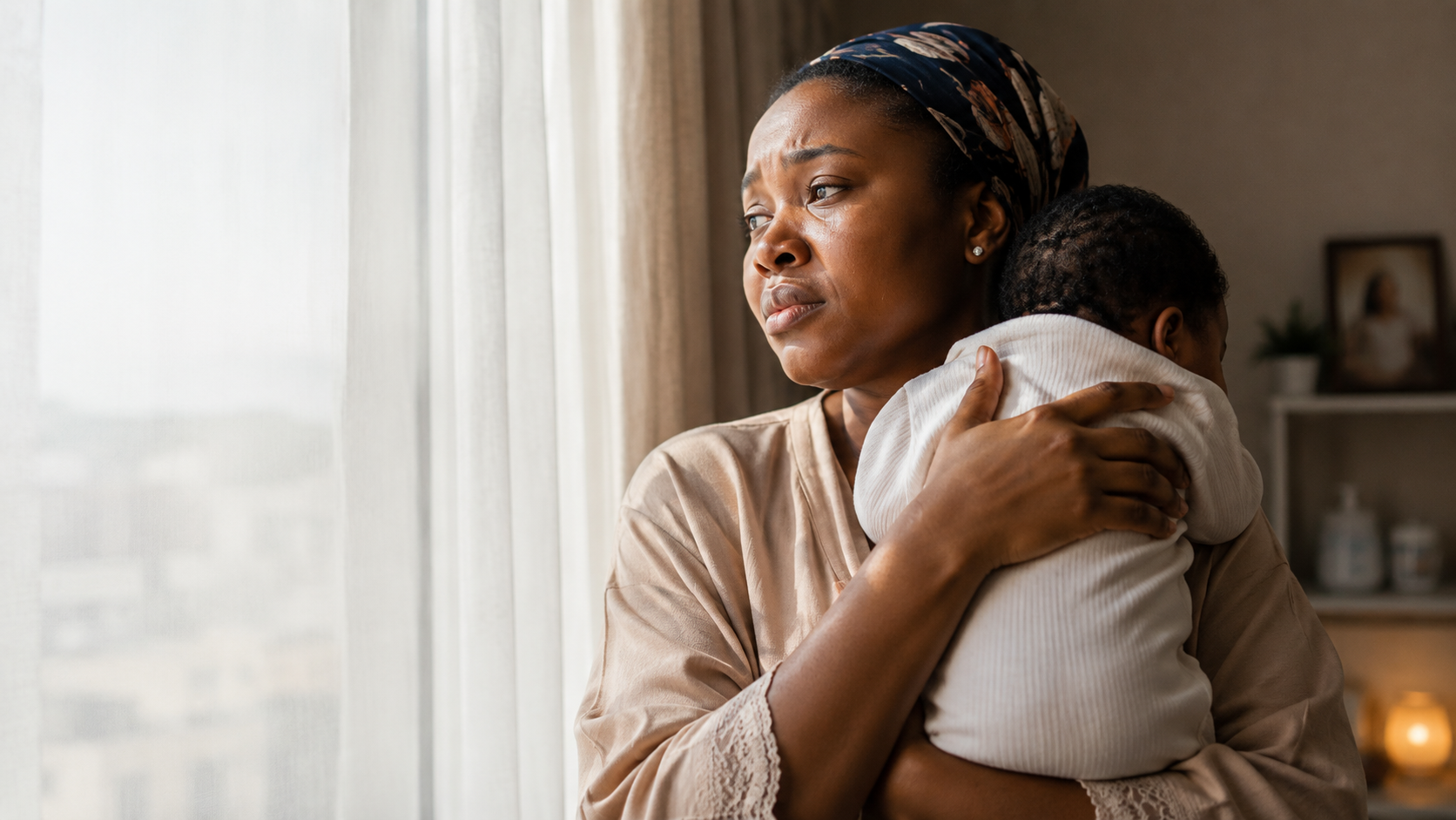 A Nigerian mother holding her sleeping newborn close, eyes closed, representing safety and calm for mums experiencing intrusive thoughts.