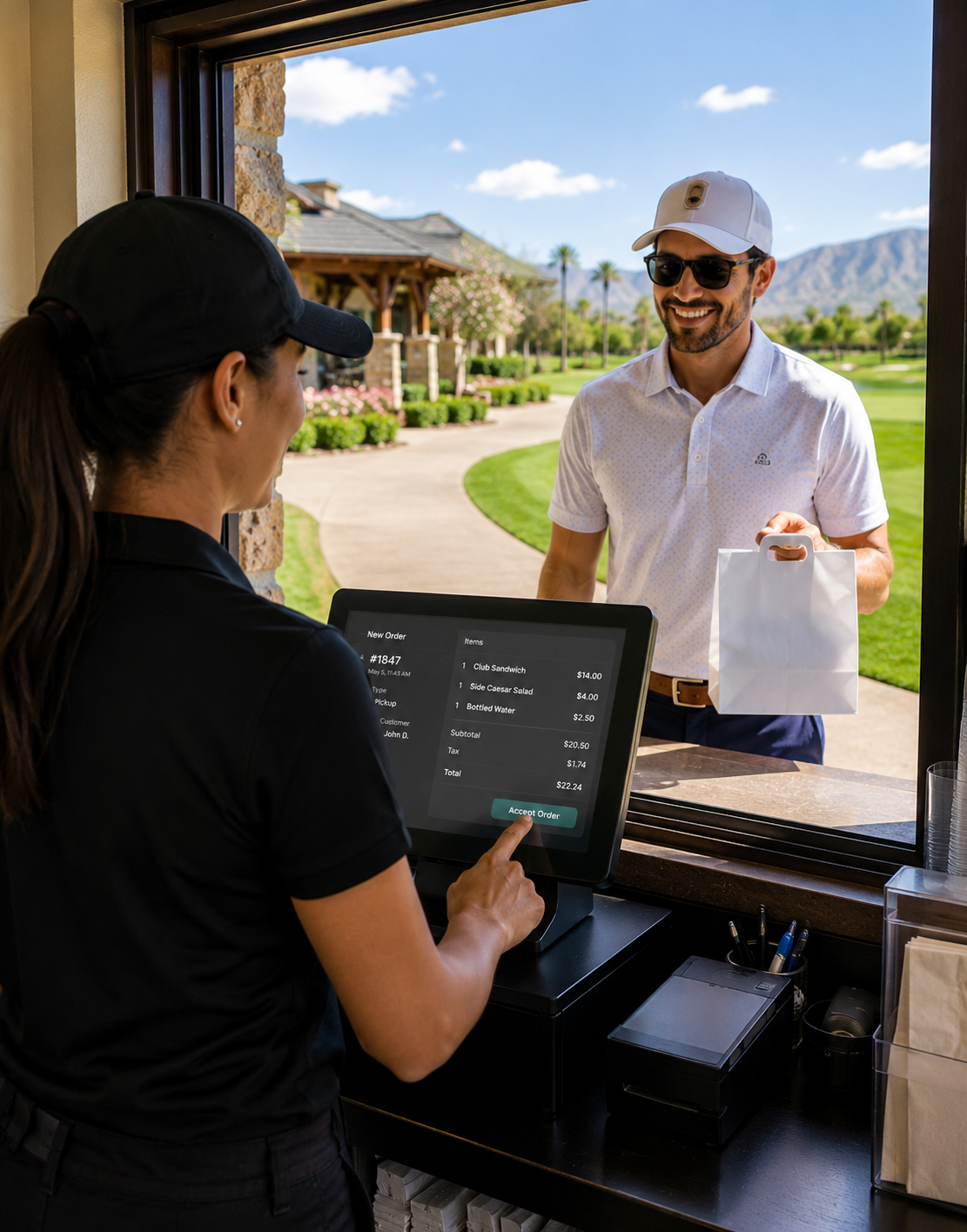 Golfer ordering on phone at cart