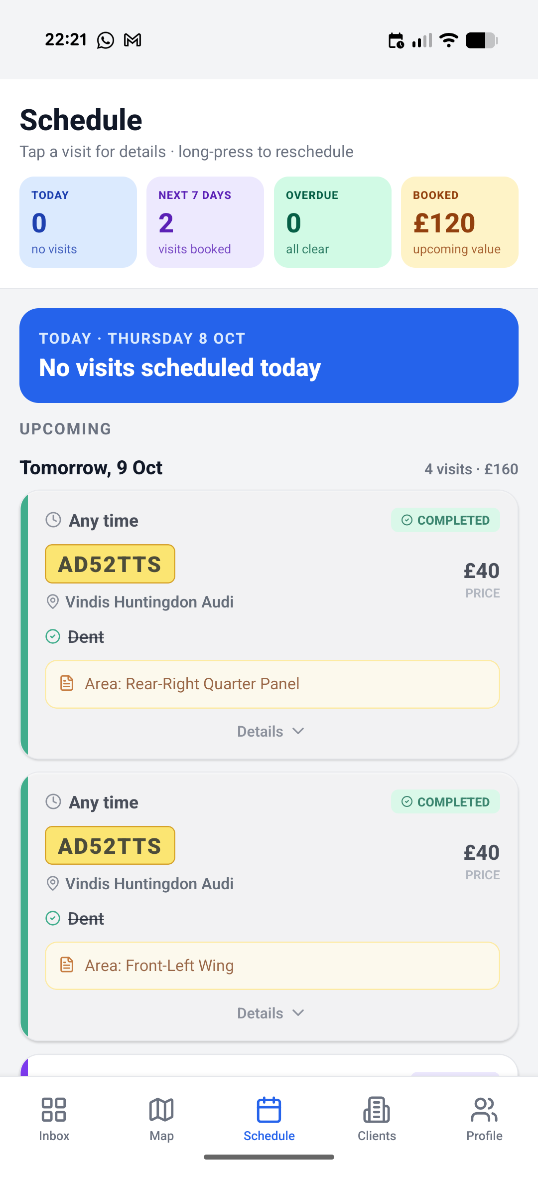 Schedule showing today's and upcoming visits