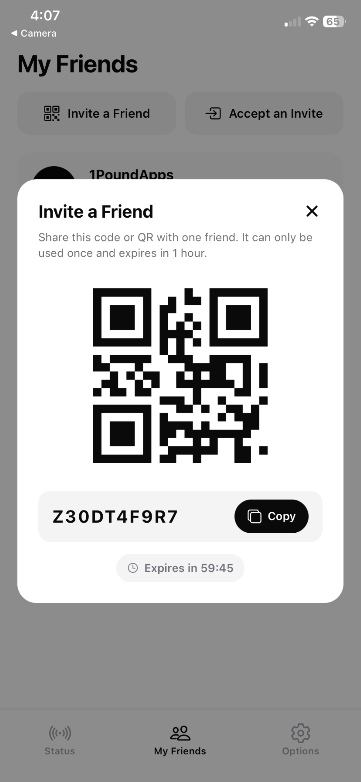 Wuzzup invite a friend screen