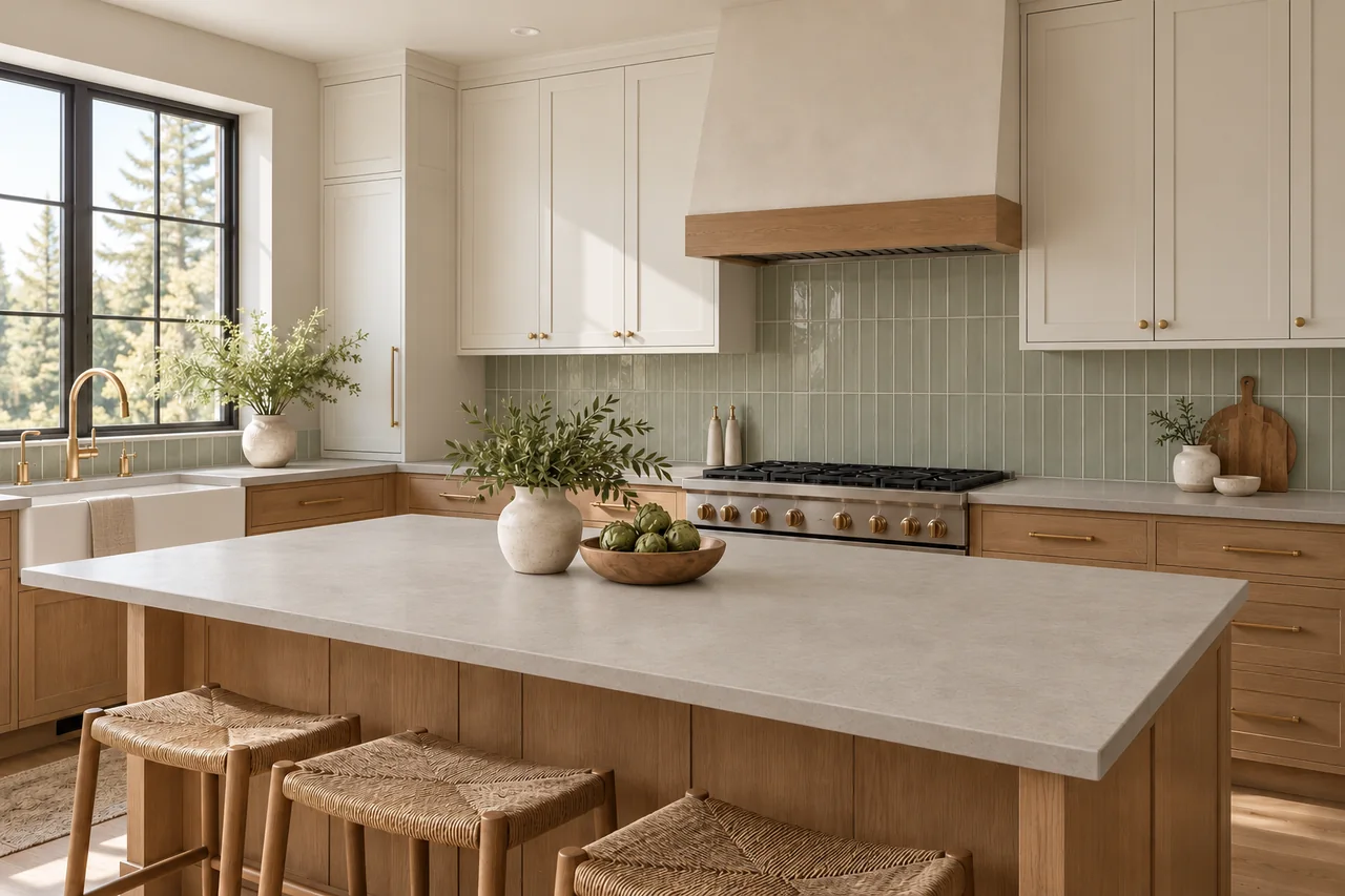 The same kitchen with a subtle concrete-look countertop and muted sage vertical backsplash tiles
