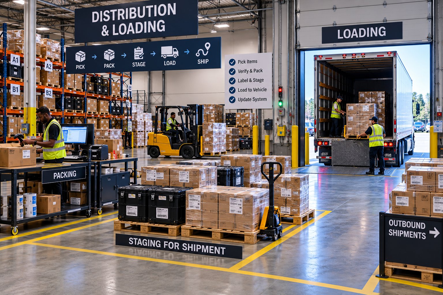 Distribution floor with packing station, staged pallets, and a truck being loaded at the dock
