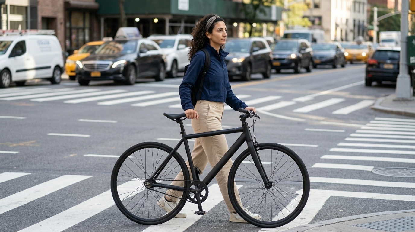 Leila Haddad walking a bicycle across a crosswalk.