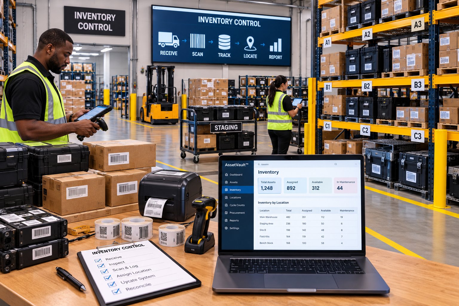 Inventory control station with barcode scanner, label printer, and AssetVault inventory view on a laptop