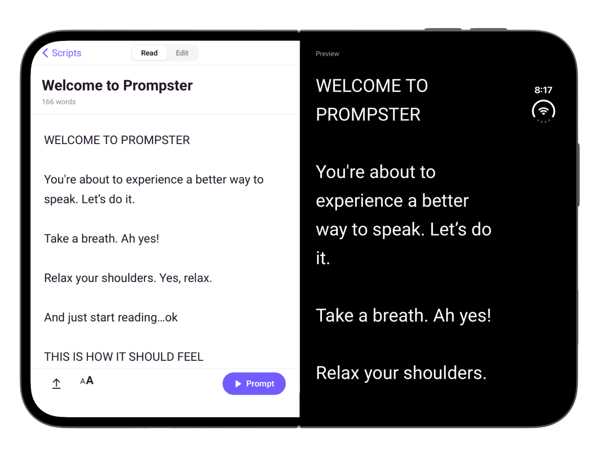 Prompster 2.1 live Prompt Preview shown beside the script editor on iPhone Duo