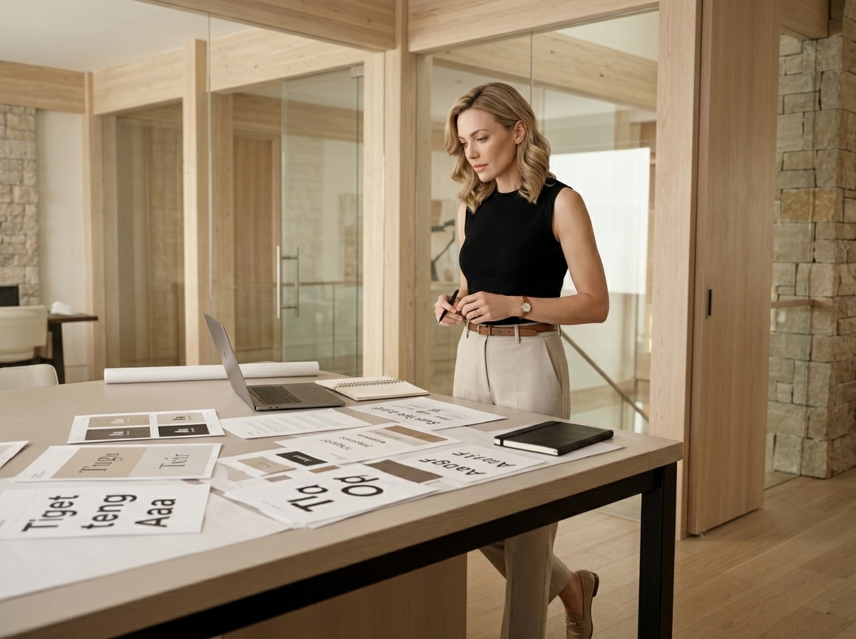 Edith Parker reviewing printed typography proofs on a studio table.