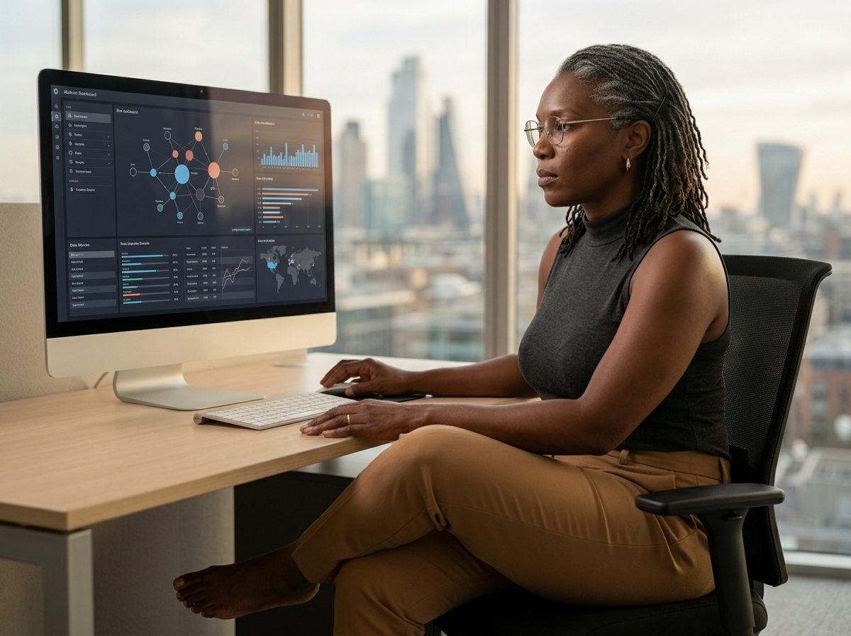 Nneka Okafor studying a risk dashboard.