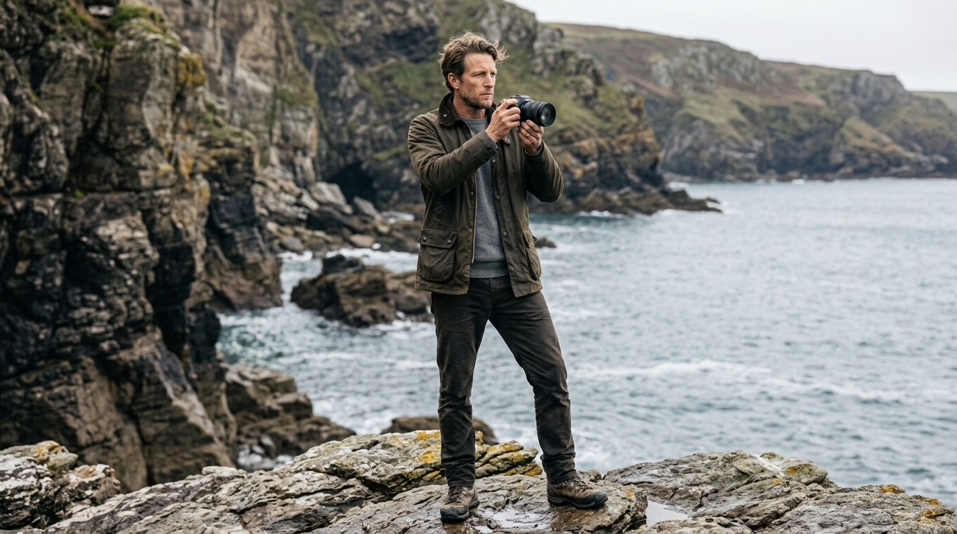 Elias Thorne standing on coastal rocks above the water.